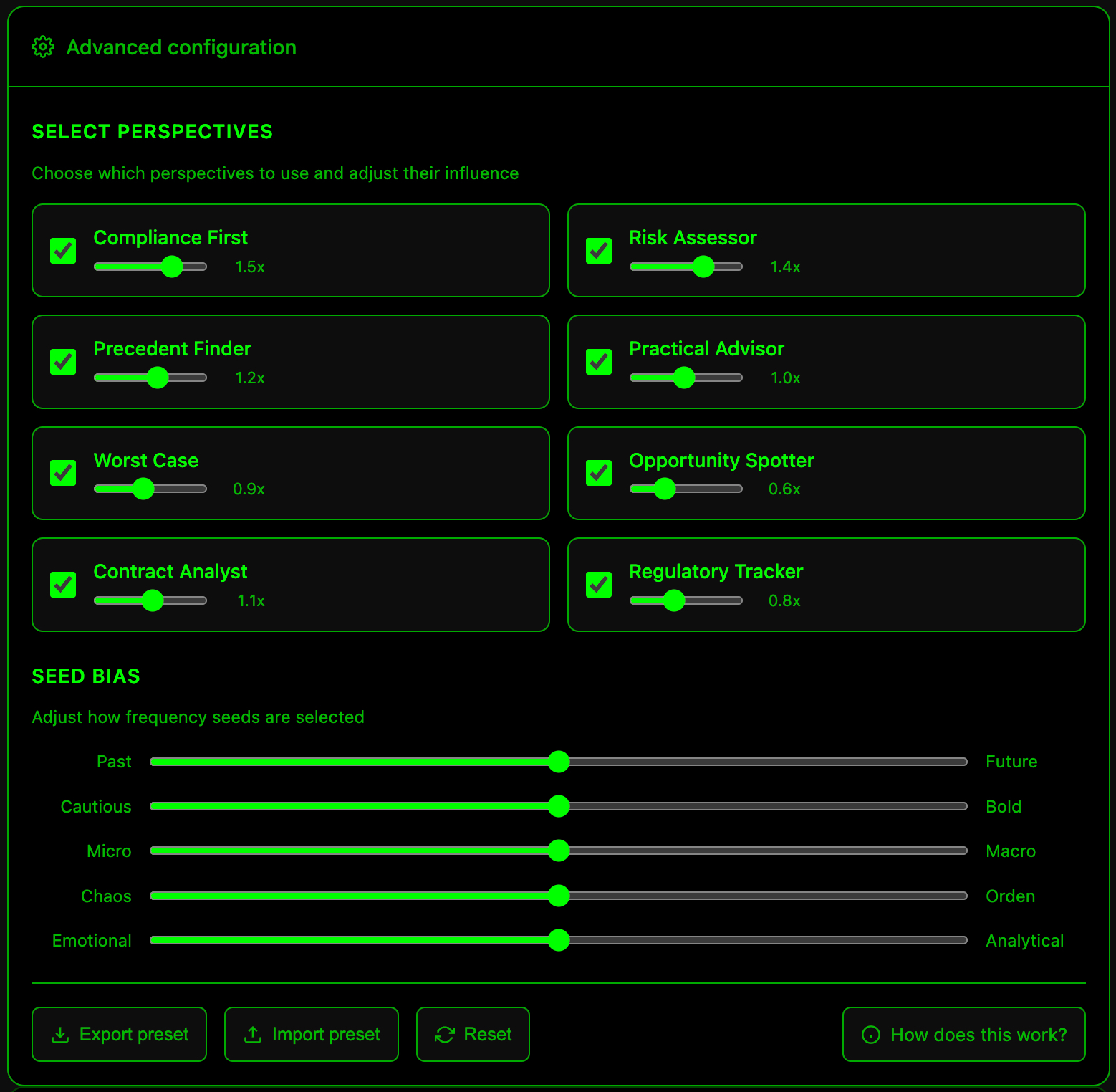 Advanced configuration: perspectives and seed bias